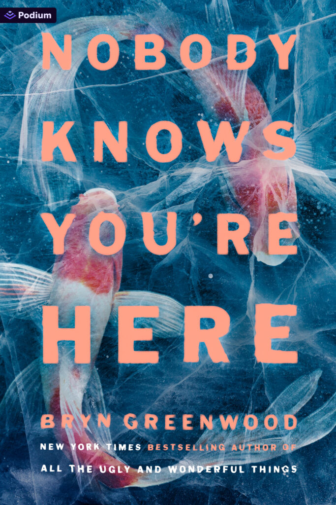 Book cover: two red and white koi swim against a cold dark blue background. The title is in a light orange font: Nobody Knows You're Here